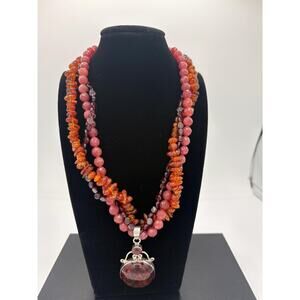 Multi-Strand Gemstone Necklace with Genuine Amber Pendant, Sterling Silver